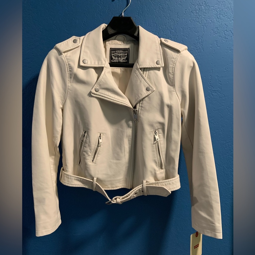 Levi's Women's Off White Faux Leather Biker Moto Crop Jacket Size Large NWT - Picture 2 of 16